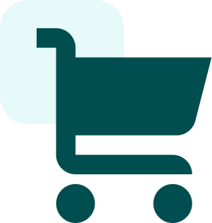 Shopping cart icon with rounded square background.