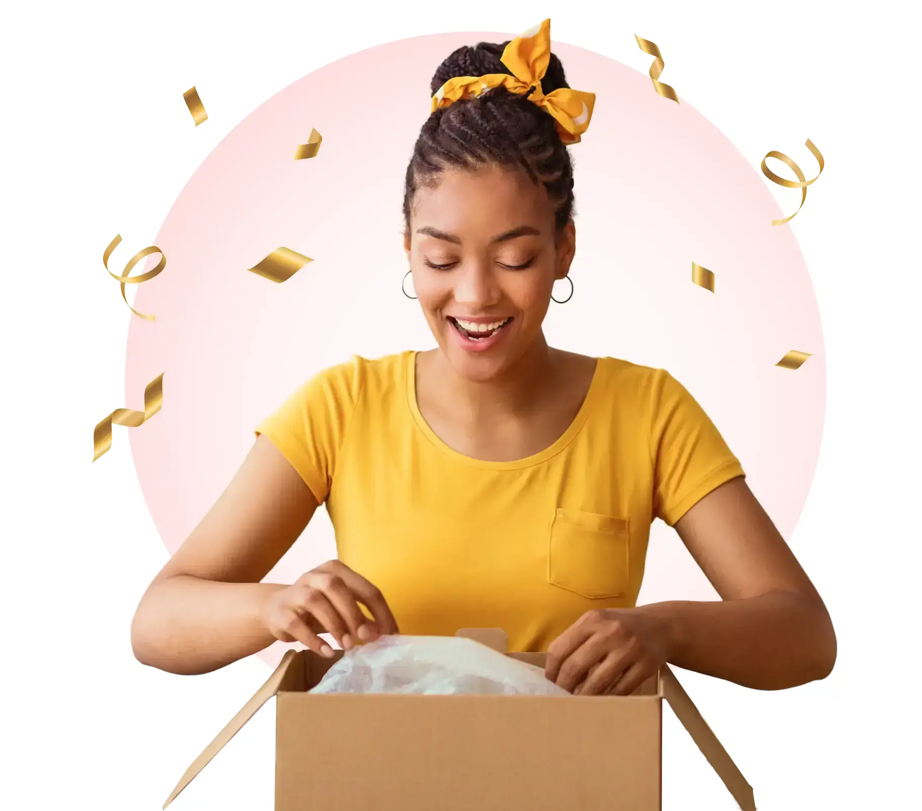 Smiling woman opening surprise box with confetti